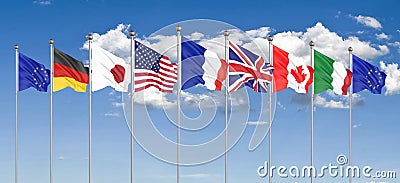 45th G7 summit , August 24â€“26, 2019 in Biarritz, Nouvelle-Aquitaine, France. 7 flags of countries of Group of Seven - Canada, Cartoon Illustration